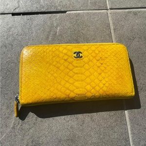 Chanel bright yellow python long zippered wallet